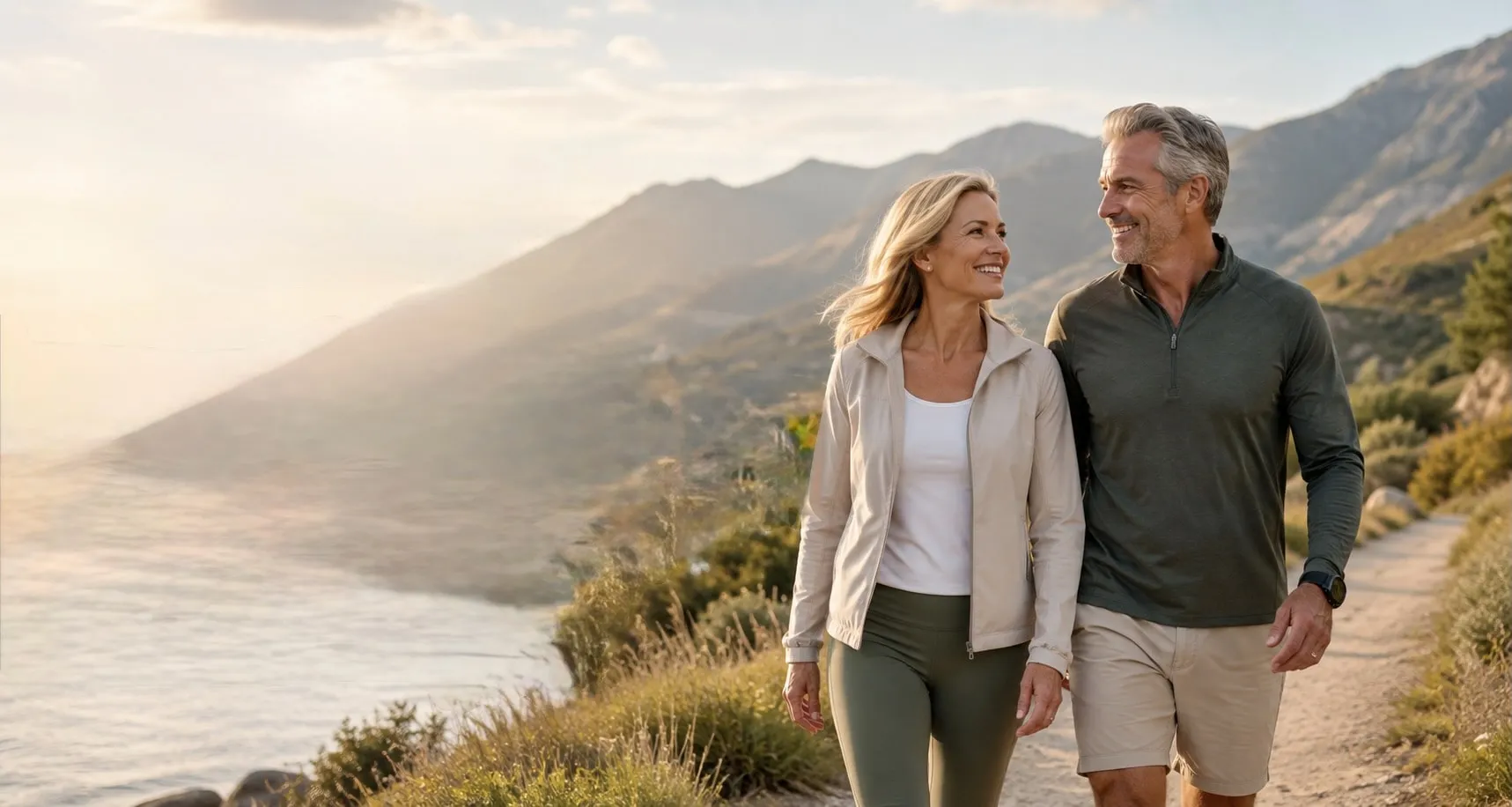 Couple walking together along a coastal mountain trail